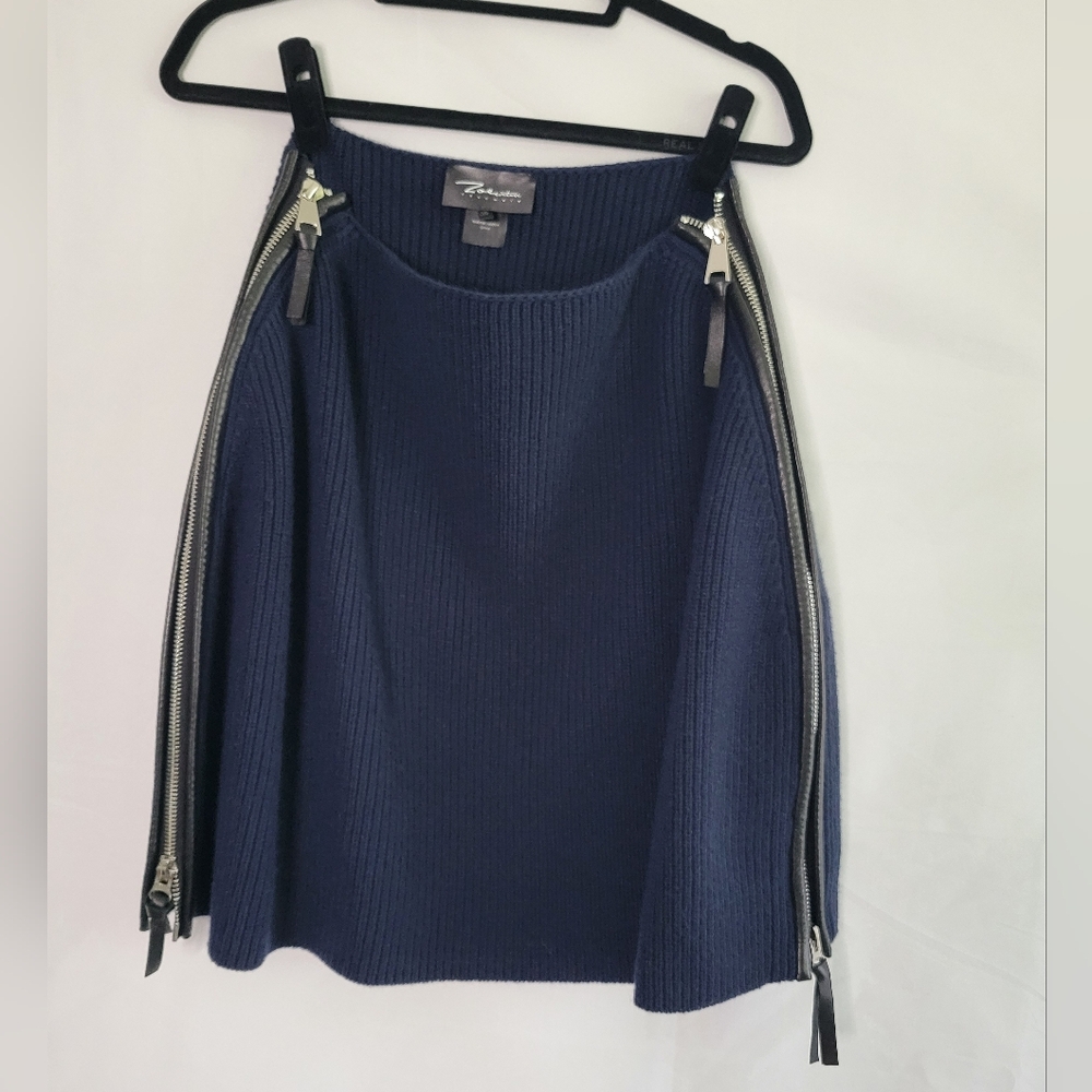 ZOE Couture Cashmere Navy Blue Skirt, Leather trimmed zip up both sides